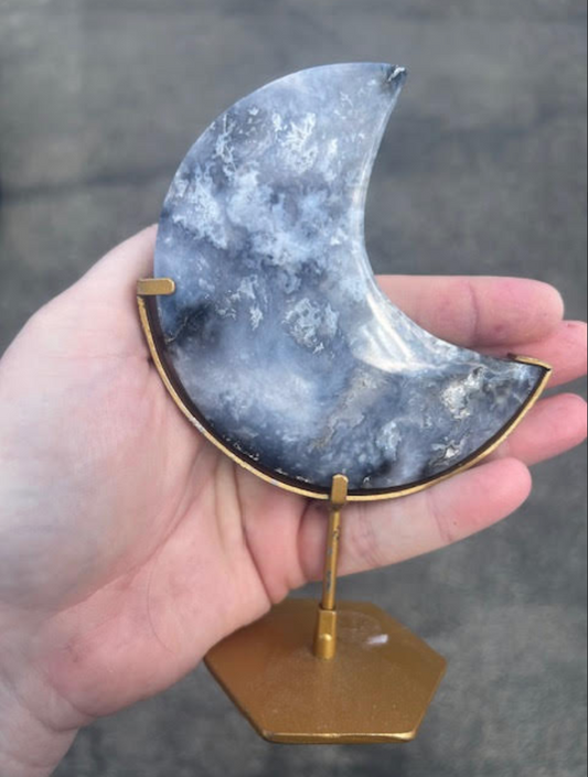 Blue Plume Agate moon on custom Stand